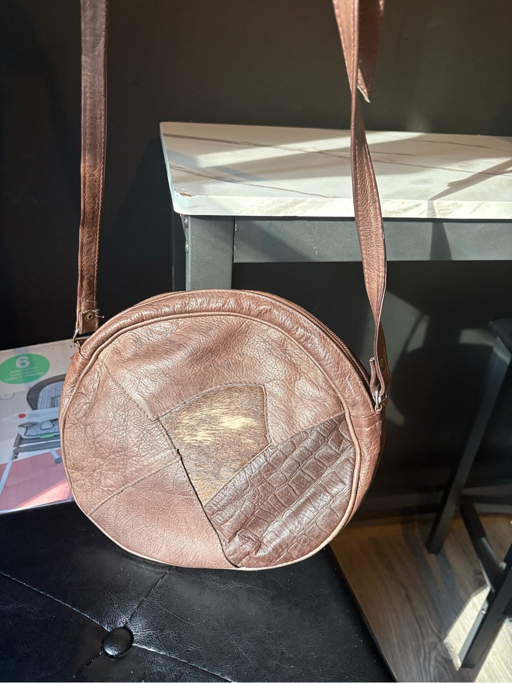 Brown Patchwork Round Crossbody Bag with Textured Panels